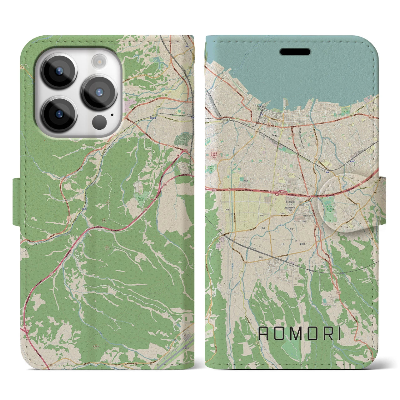 【青森】地図柄iPhoneケース（手帳両面タイプ・ナチュラル）iPhone 14 Pro 用