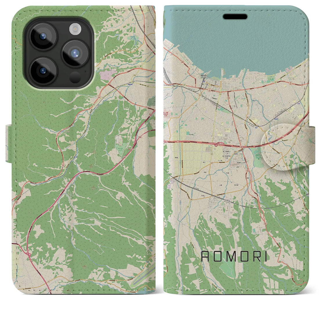 【青森】地図柄iPhoneケース（手帳両面タイプ・ナチュラル）iPhone 15 Pro Max 用