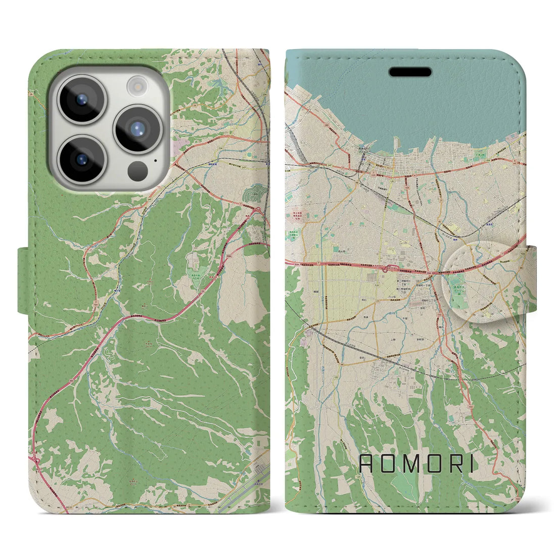 【青森】地図柄iPhoneケース（手帳両面タイプ・ナチュラル）iPhone 15 Pro 用