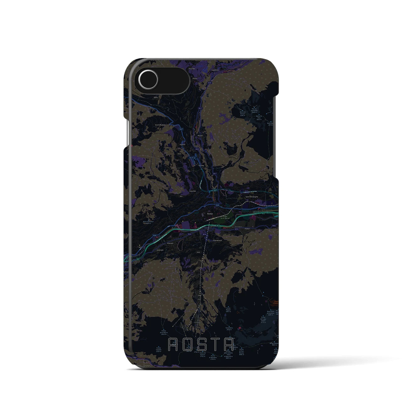 【アオスタ】地図柄iPhoneケース（バックカバータイプ・ブラック）iPhone SE（第3 / 第2世代） / 8 / 7 / 6s / 6 用
