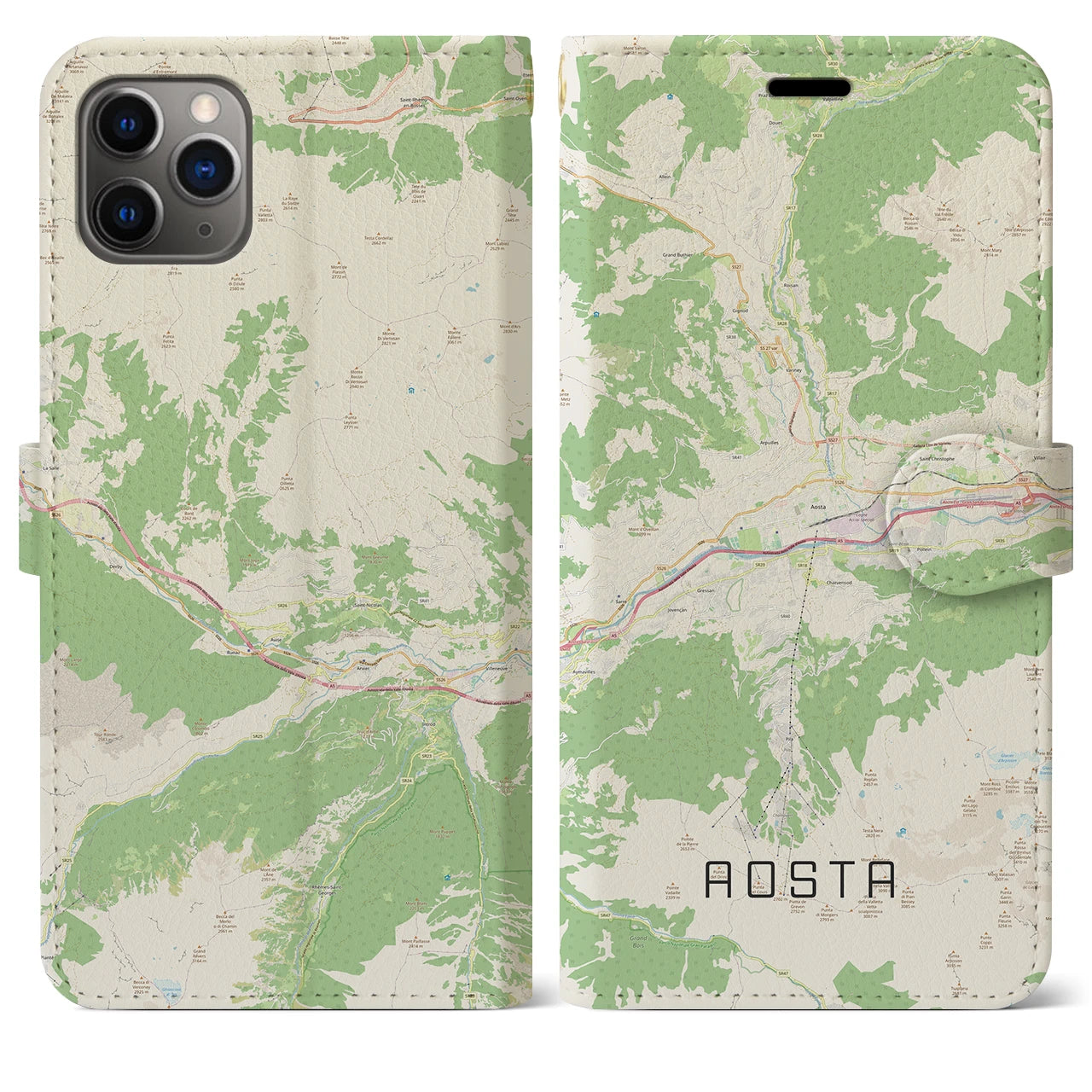 【アオスタ】地図柄iPhoneケース（手帳両面タイプ・ナチュラル）iPhone 11 Pro Max 用