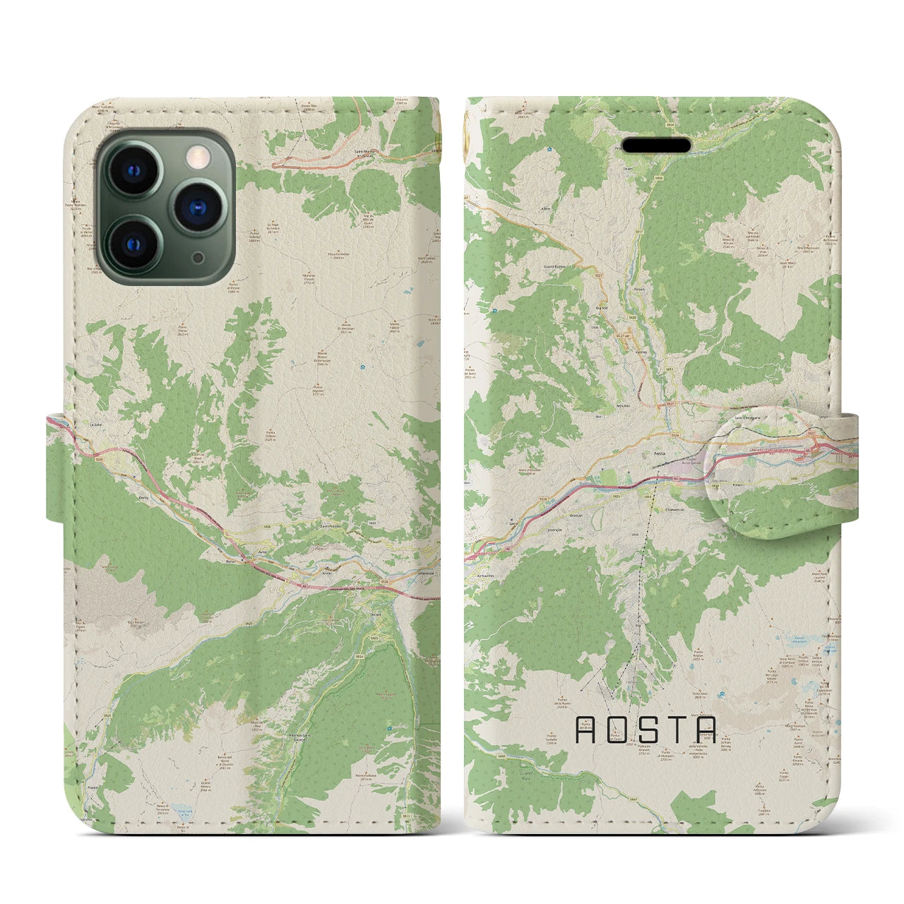 【アオスタ】地図柄iPhoneケース（手帳両面タイプ・ナチュラル）iPhone 11 Pro 用
