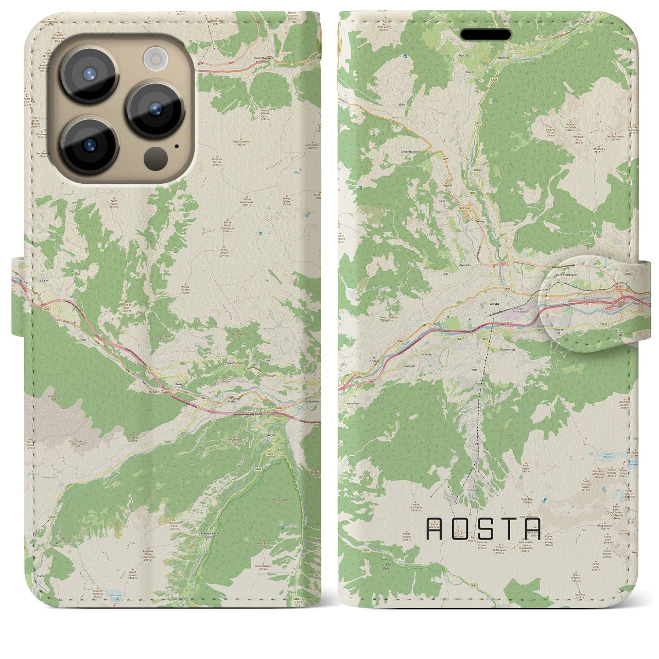 【アオスタ】地図柄iPhoneケース（手帳両面タイプ・ナチュラル）iPhone 14 Pro Max 用