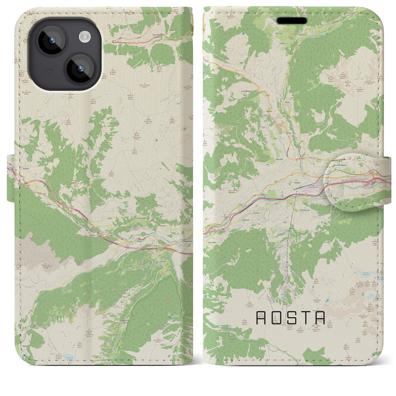 【アオスタ】地図柄iPhoneケース（手帳両面タイプ・ナチュラル）iPhone 14 Plus 用