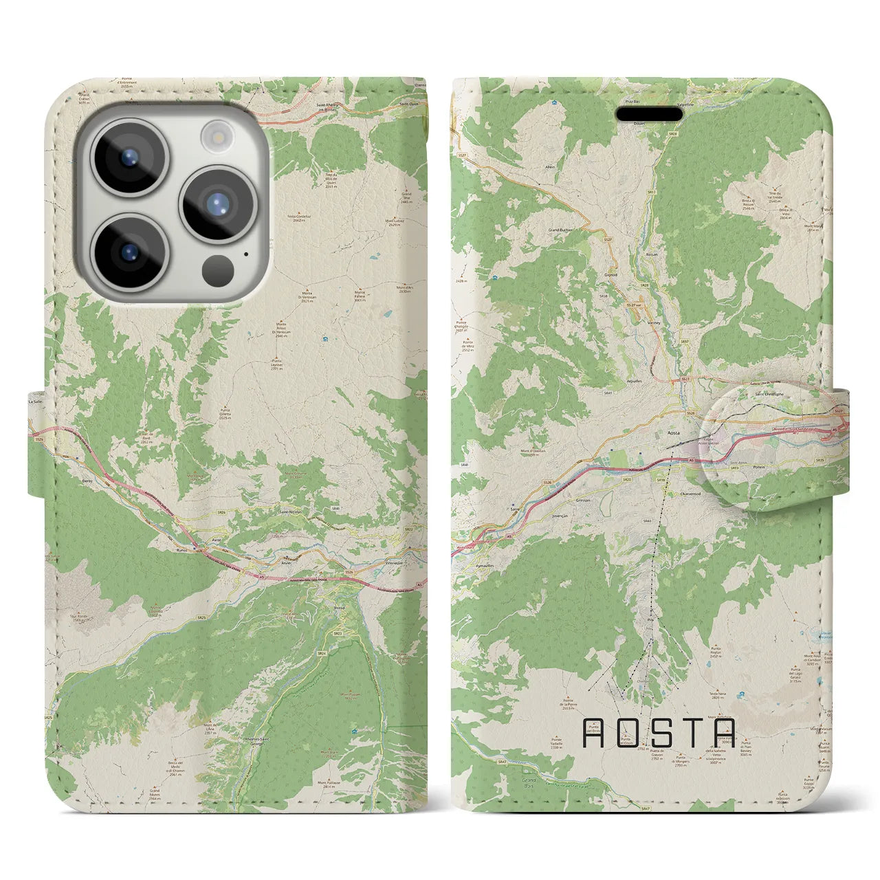 【アオスタ】地図柄iPhoneケース（手帳両面タイプ・ナチュラル）iPhone 15 Pro 用