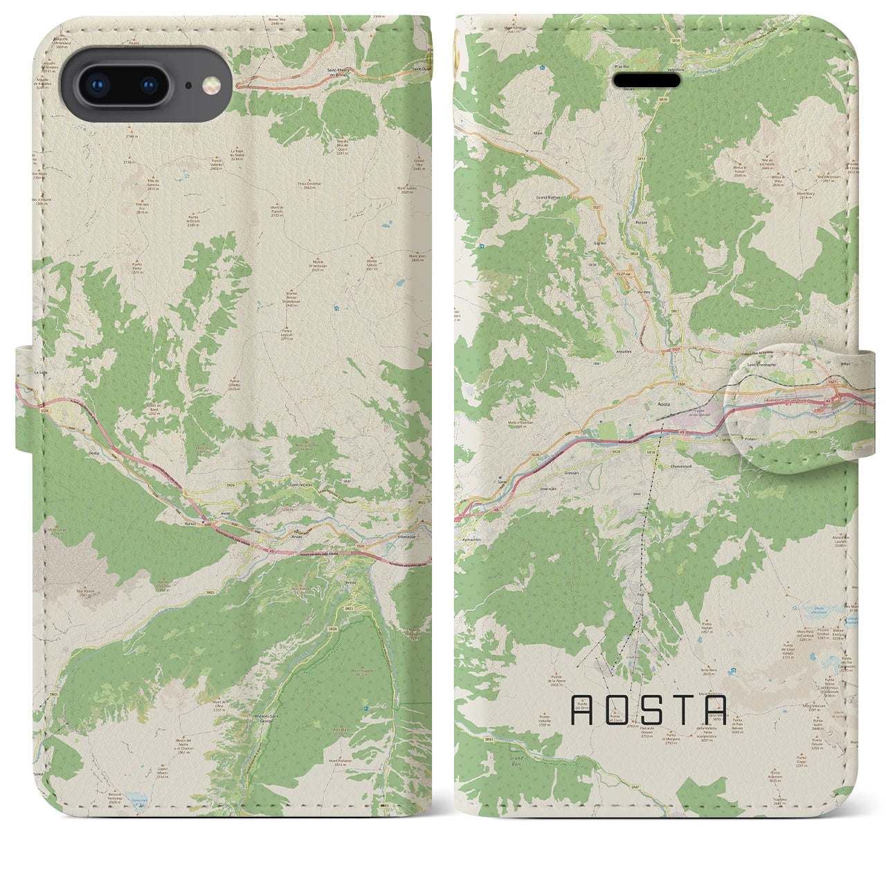 【アオスタ】地図柄iPhoneケース（手帳両面タイプ・ナチュラル）iPhone 8Plus /7Plus / 6sPlus / 6Plus 用