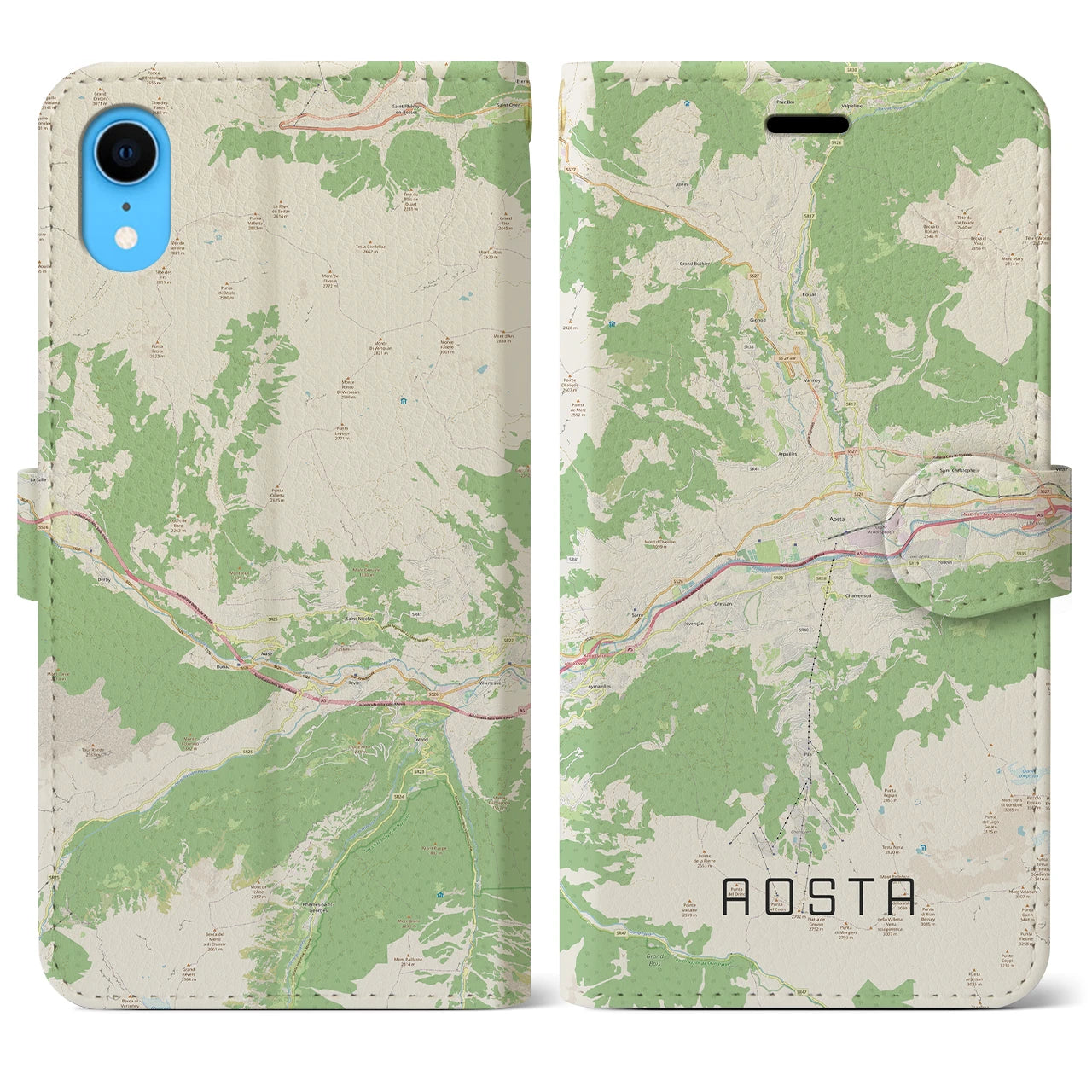 【アオスタ】地図柄iPhoneケース（手帳両面タイプ・ナチュラル）iPhone XR 用