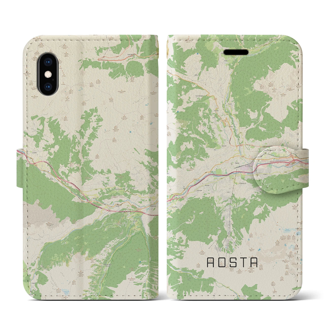 【アオスタ】地図柄iPhoneケース（手帳両面タイプ・ナチュラル）iPhone XS / X 用