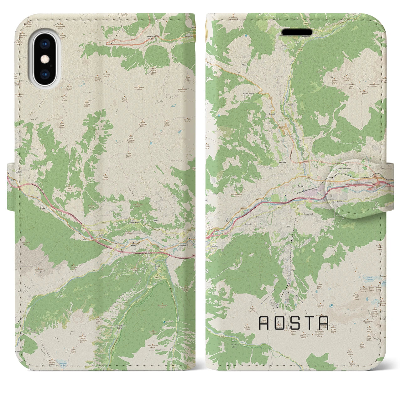 【アオスタ】地図柄iPhoneケース（手帳両面タイプ・ナチュラル）iPhone XS Max 用