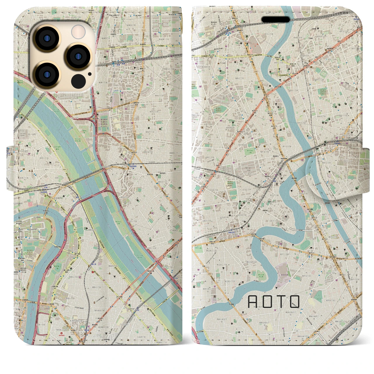【青砥】地図柄iPhoneケース（手帳両面タイプ・ナチュラル）iPhone 12 Pro Max 用