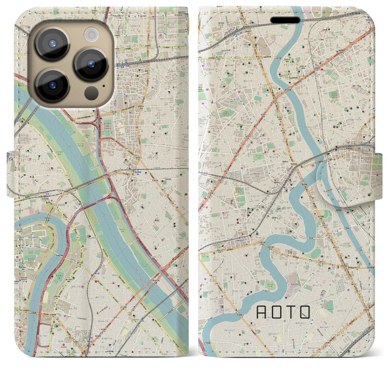 【青砥】地図柄iPhoneケース（手帳両面タイプ・ナチュラル）iPhone 14 Pro Max 用