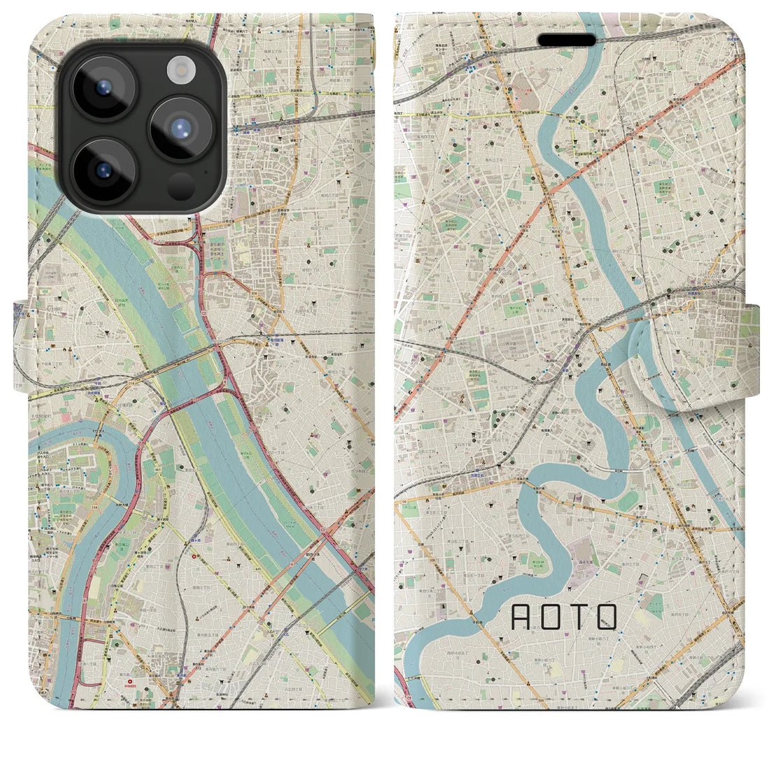 【青砥】地図柄iPhoneケース（手帳両面タイプ・ナチュラル）iPhone 15 Pro Max 用