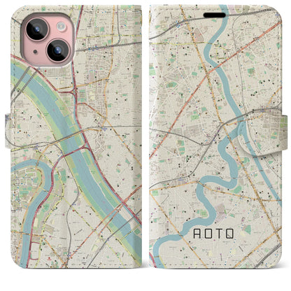 【青砥（東京都）】地図柄iPhoneケース（手帳タイプ）ナチュラル・iPhone 15 Plus 用