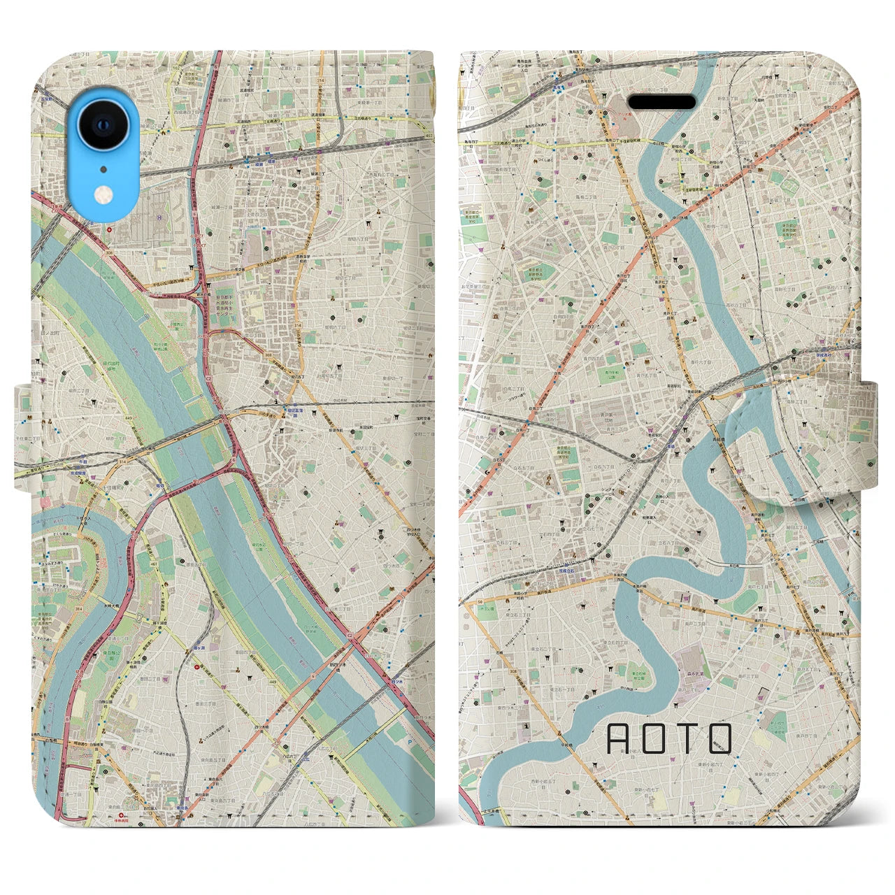 【青砥】地図柄iPhoneケース（手帳両面タイプ・ナチュラル）iPhone XR 用