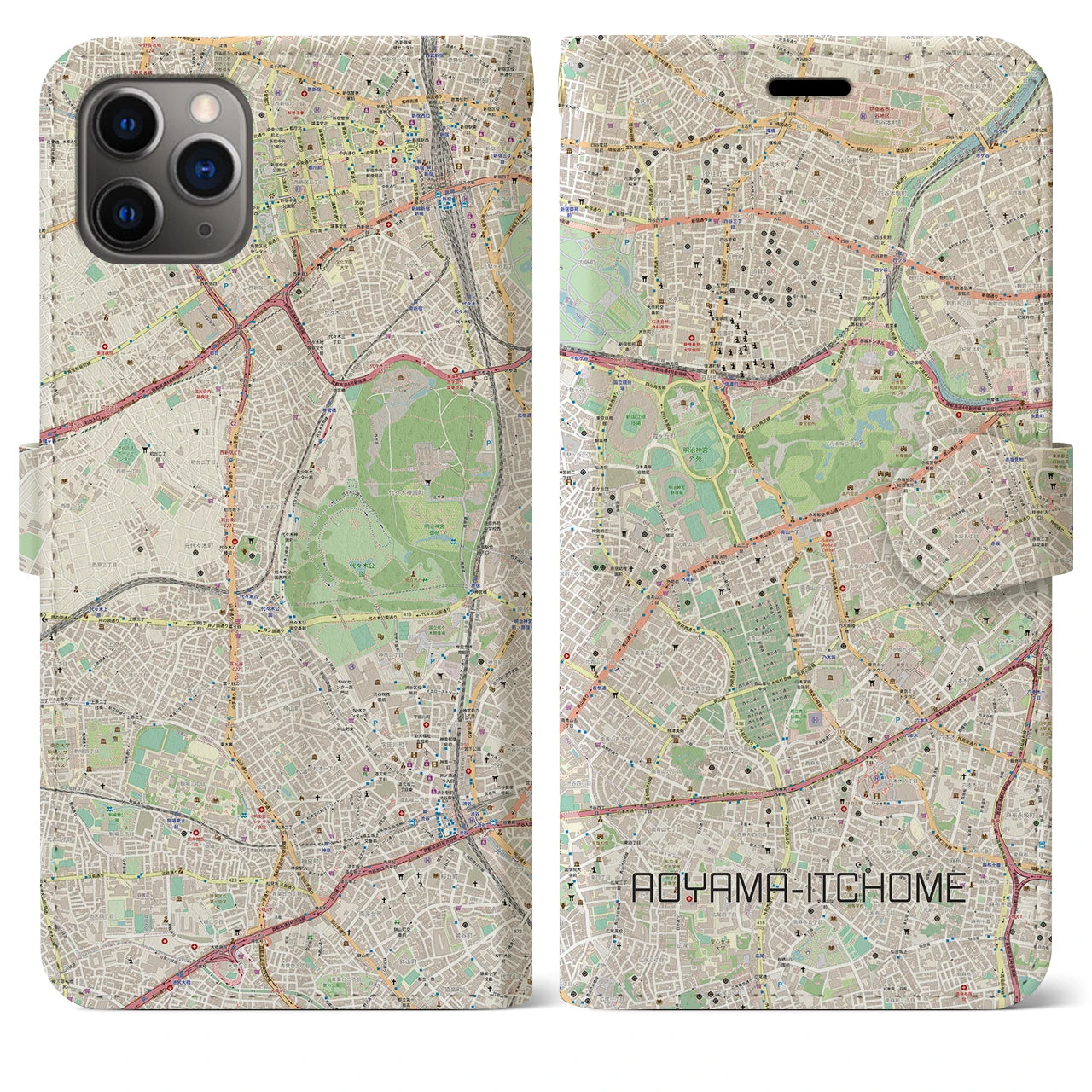 【青山一丁目】地図柄iPhoneケース（手帳両面タイプ・ナチュラル）iPhone 11 Pro Max 用