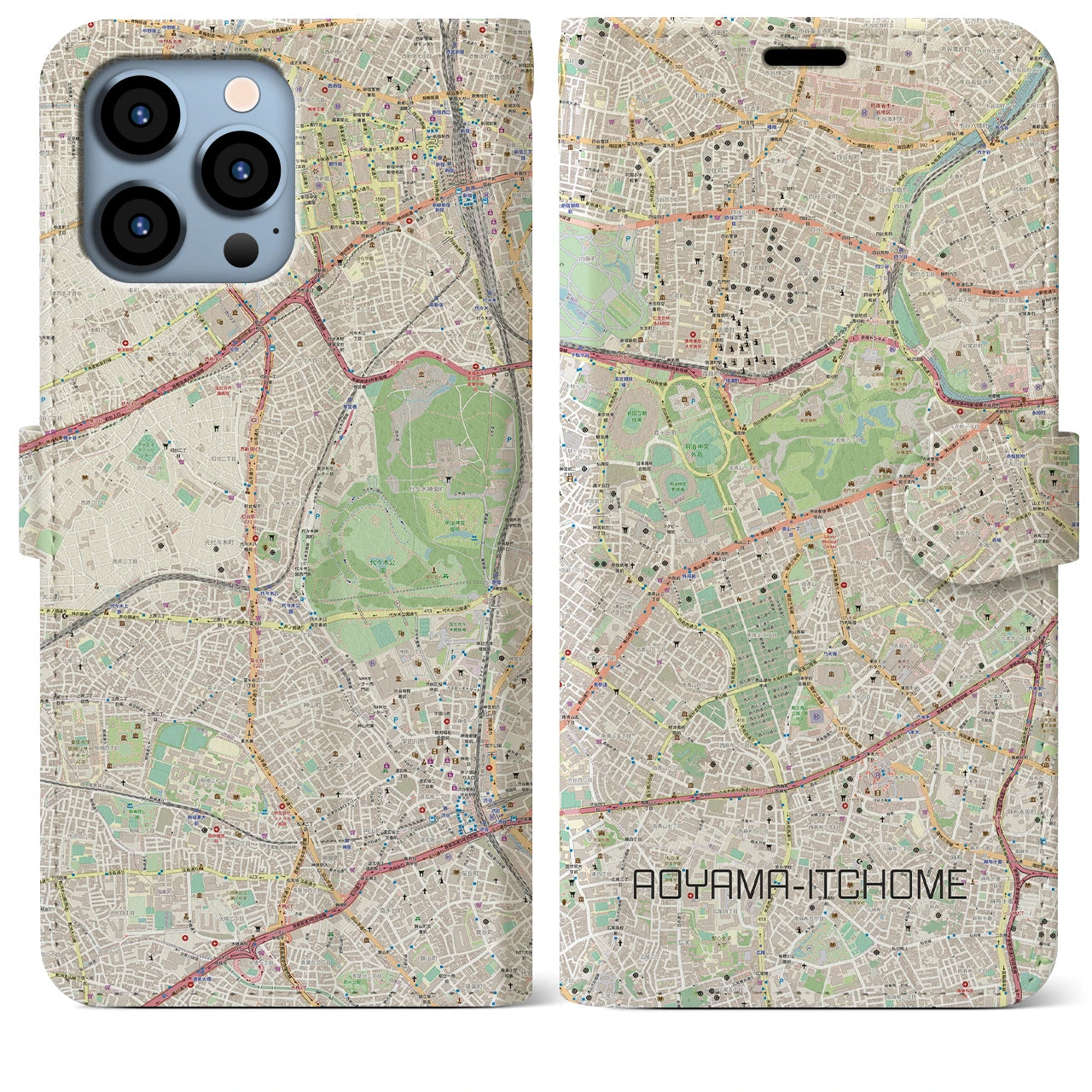 【青山一丁目】地図柄iPhoneケース（手帳両面タイプ・ナチュラル）iPhone 13 Pro Max 用