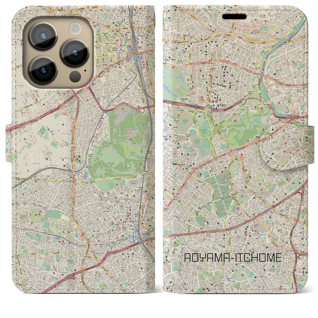 【青山一丁目】地図柄iPhoneケース（手帳両面タイプ・ナチュラル）iPhone 14 Pro Max 用