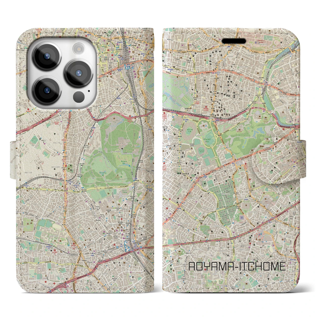 【青山一丁目】地図柄iPhoneケース（手帳両面タイプ・ナチュラル）iPhone 14 Pro 用