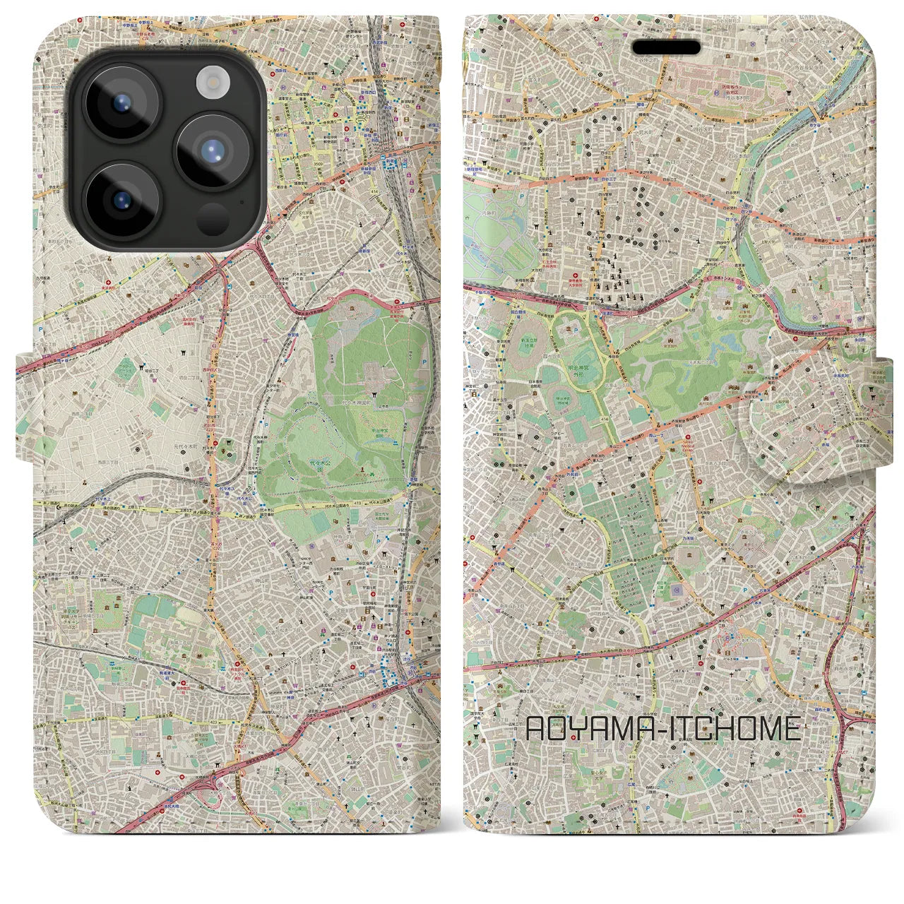 【青山一丁目】地図柄iPhoneケース（手帳両面タイプ・ナチュラル）iPhone 15 Pro Max 用