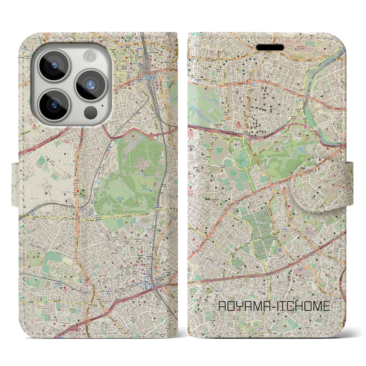 【青山一丁目】地図柄iPhoneケース（手帳両面タイプ・ナチュラル）iPhone 15 Pro 用