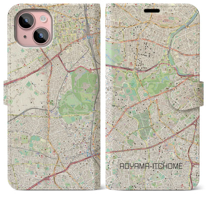 【青山一丁目（東京都）】地図柄iPhoneケース（手帳タイプ）ナチュラル・iPhone 15 Plus 用