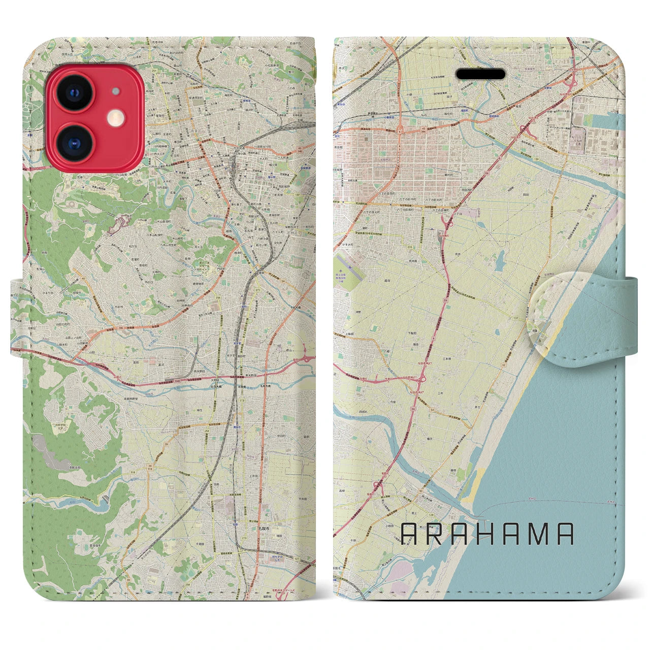 【荒浜】地図柄iPhoneケース（手帳両面タイプ・ナチュラル）iPhone 11 用