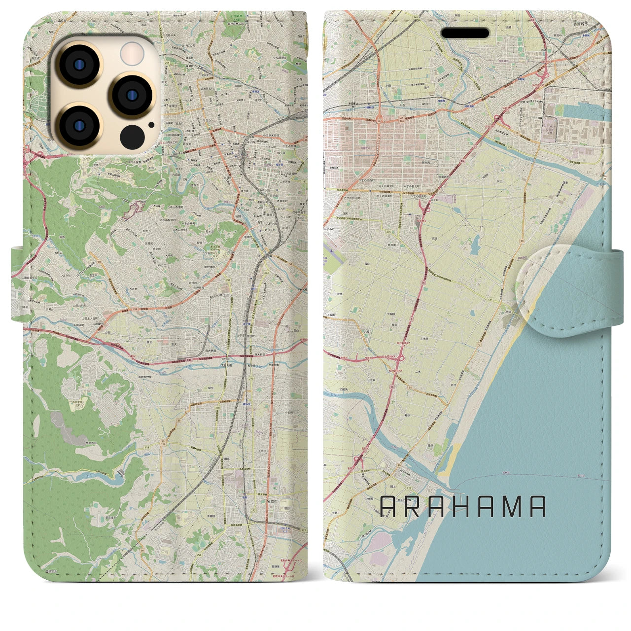 【荒浜】地図柄iPhoneケース（手帳両面タイプ・ナチュラル）iPhone 12 Pro Max 用