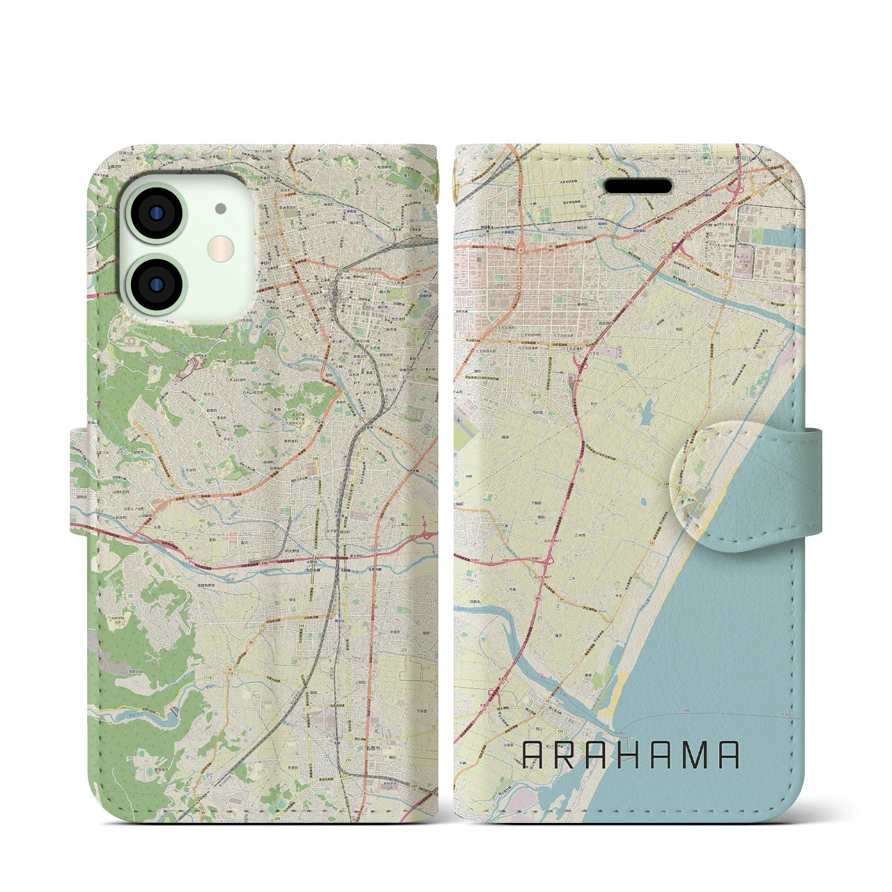 【荒浜】地図柄iPhoneケース（手帳両面タイプ・ナチュラル）iPhone 12 mini 用