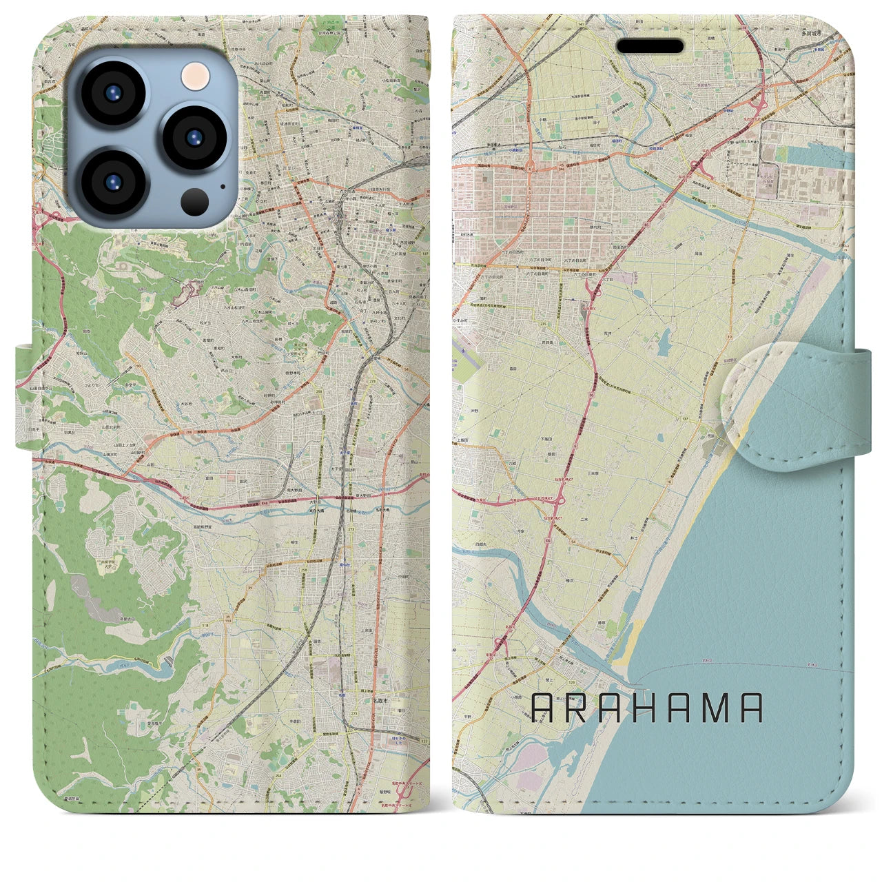 【荒浜】地図柄iPhoneケース（手帳両面タイプ・ナチュラル）iPhone 13 Pro Max 用
