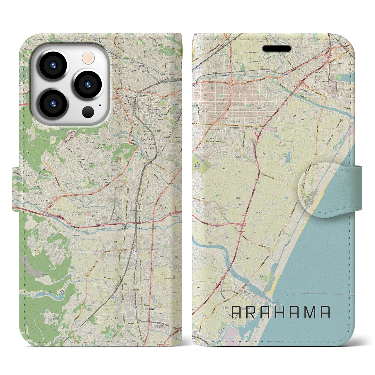 【荒浜】地図柄iPhoneケース（手帳両面タイプ・ナチュラル）iPhone 13 Pro 用