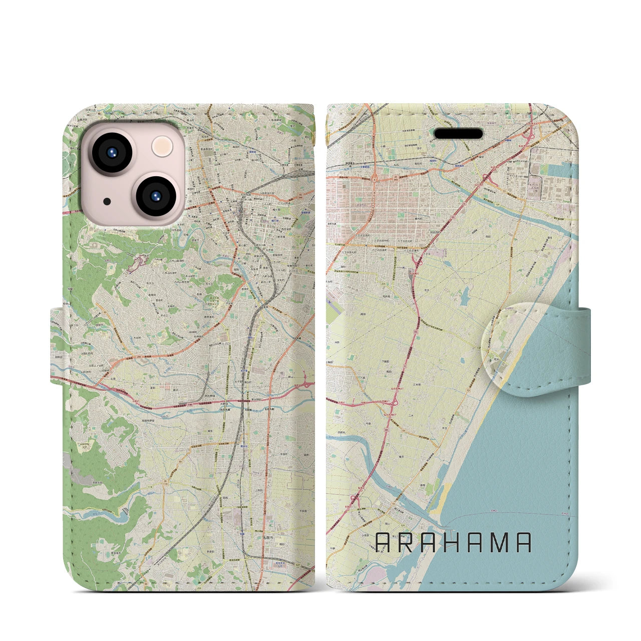 【荒浜】地図柄iPhoneケース（手帳両面タイプ・ナチュラル）iPhone 13 mini 用