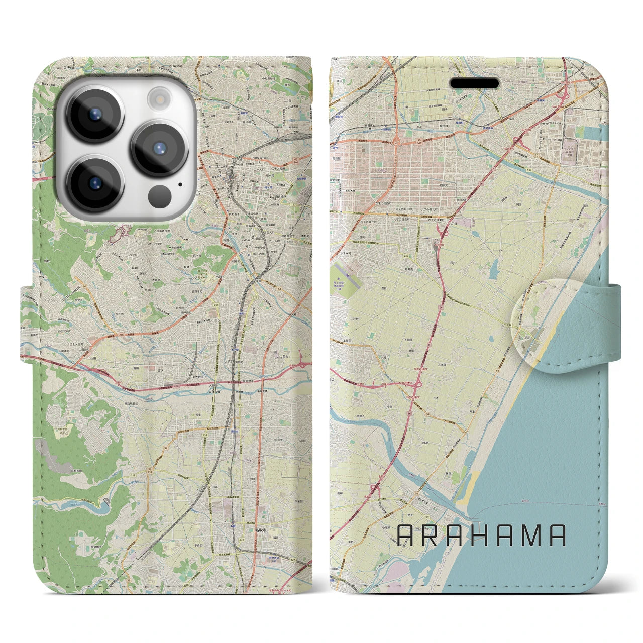 【荒浜】地図柄iPhoneケース（手帳両面タイプ・ナチュラル）iPhone 14 Pro 用