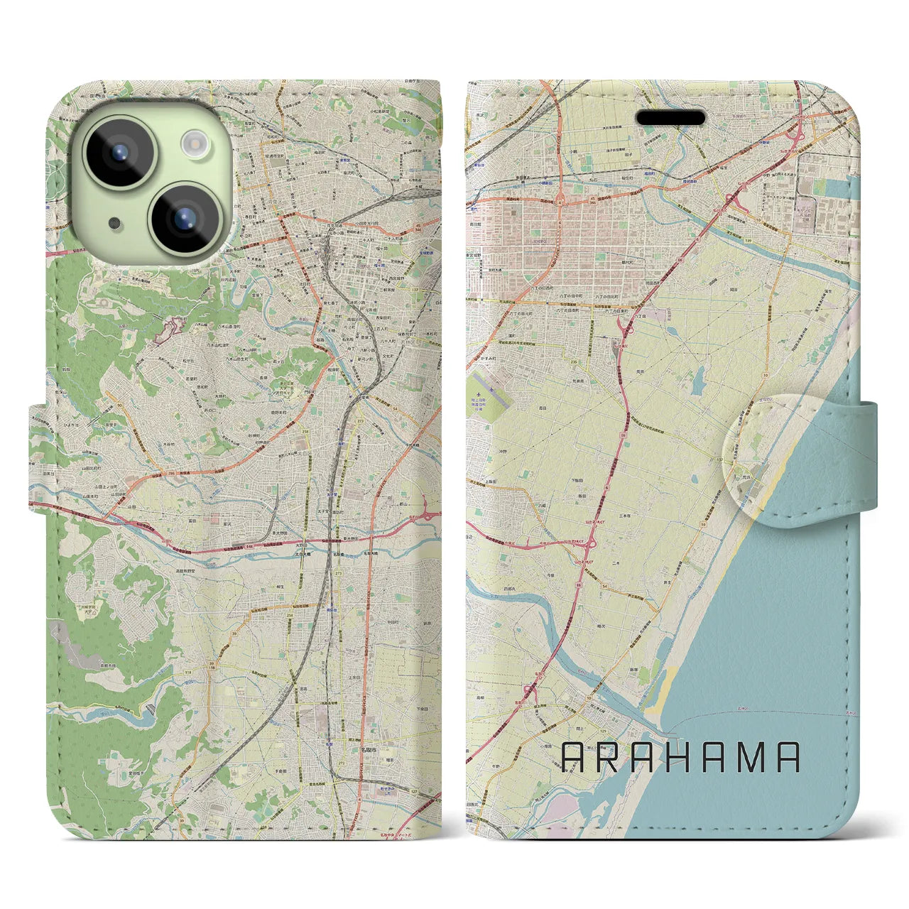 【荒浜】地図柄iPhoneケース（手帳両面タイプ・ナチュラル）iPhone 15 用