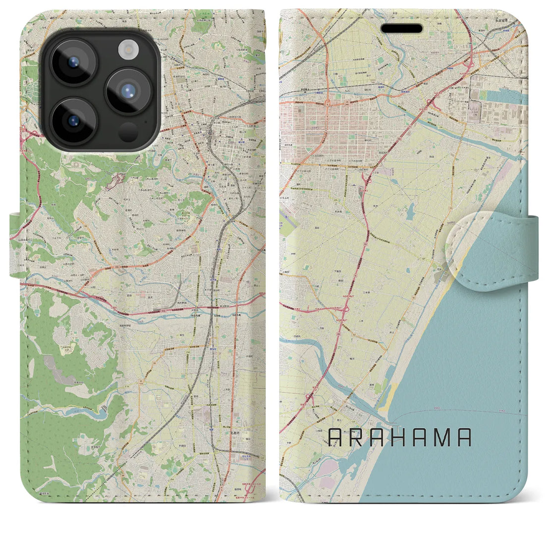 【荒浜】地図柄iPhoneケース（手帳両面タイプ・ナチュラル）iPhone 15 Pro Max 用