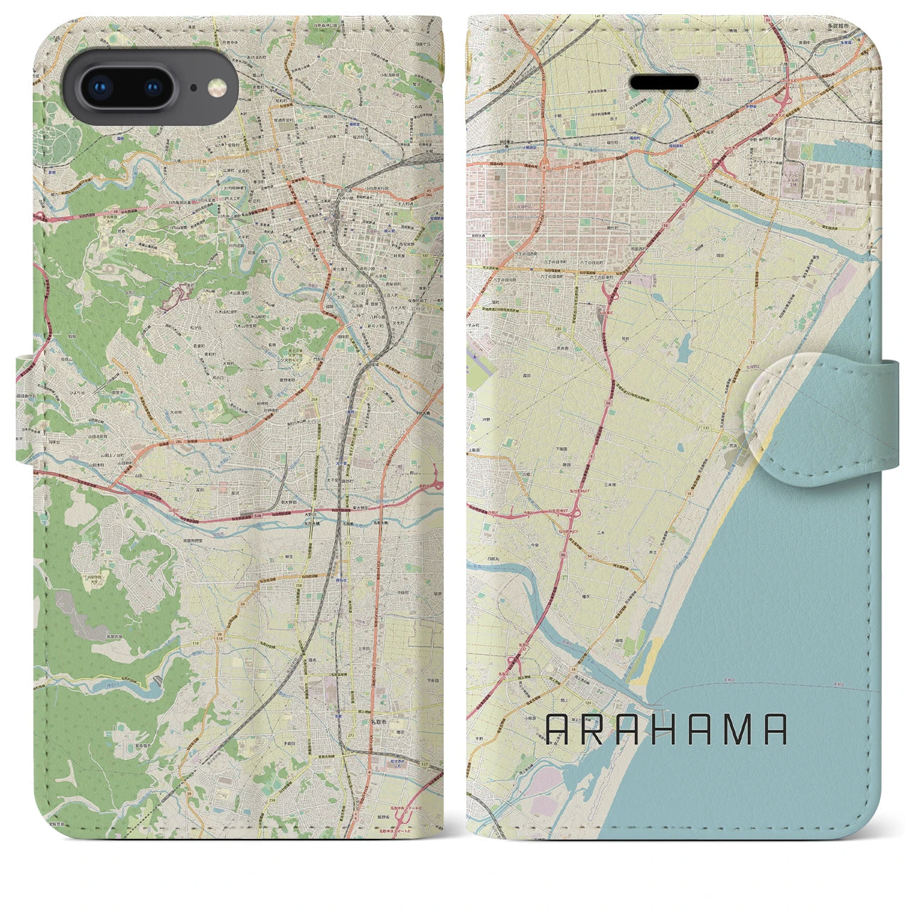 【荒浜】地図柄iPhoneケース（手帳両面タイプ・ナチュラル）iPhone 8Plus /7Plus / 6sPlus / 6Plus 用