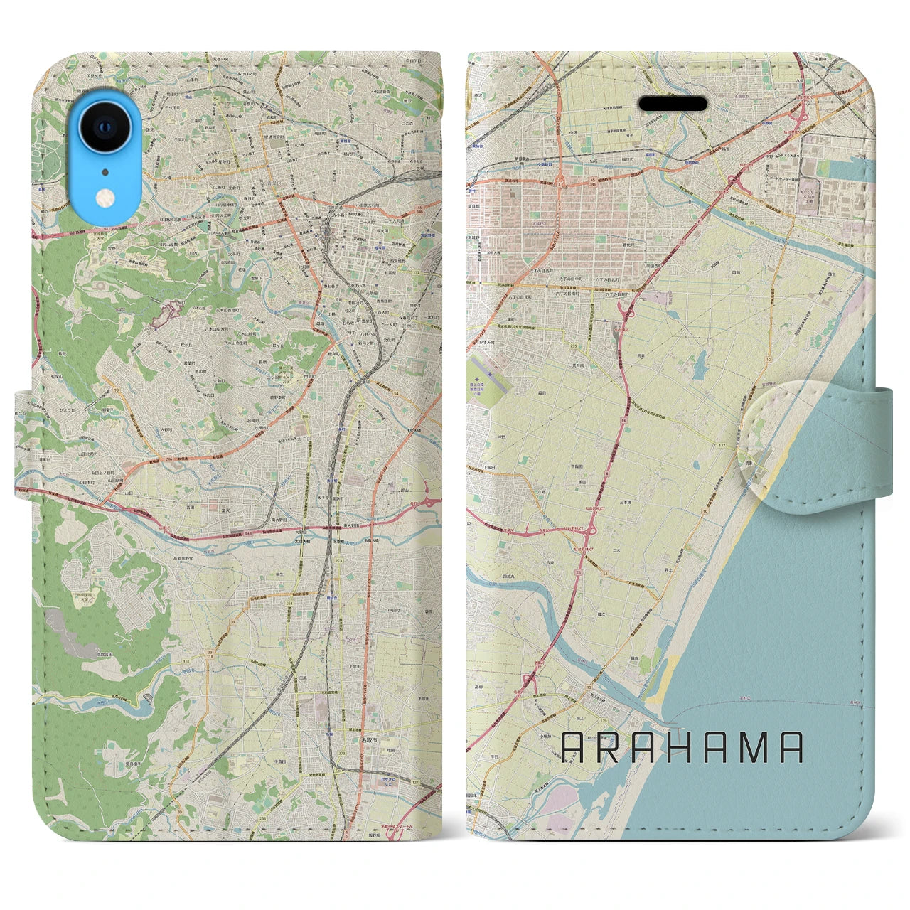 【荒浜】地図柄iPhoneケース（手帳両面タイプ・ナチュラル）iPhone XR 用