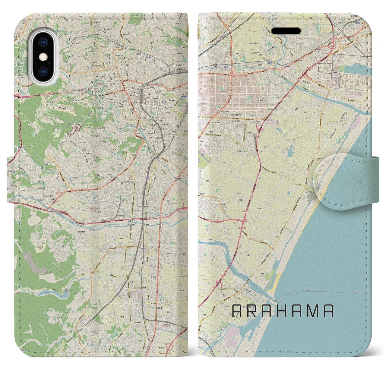【荒浜】地図柄iPhoneケース（手帳両面タイプ・ナチュラル）iPhone XS Max 用
