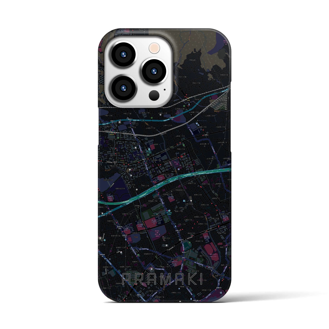 【荒牧】地図柄iPhoneケース（バックカバータイプ・ブラック）iPhone 13 Pro 用