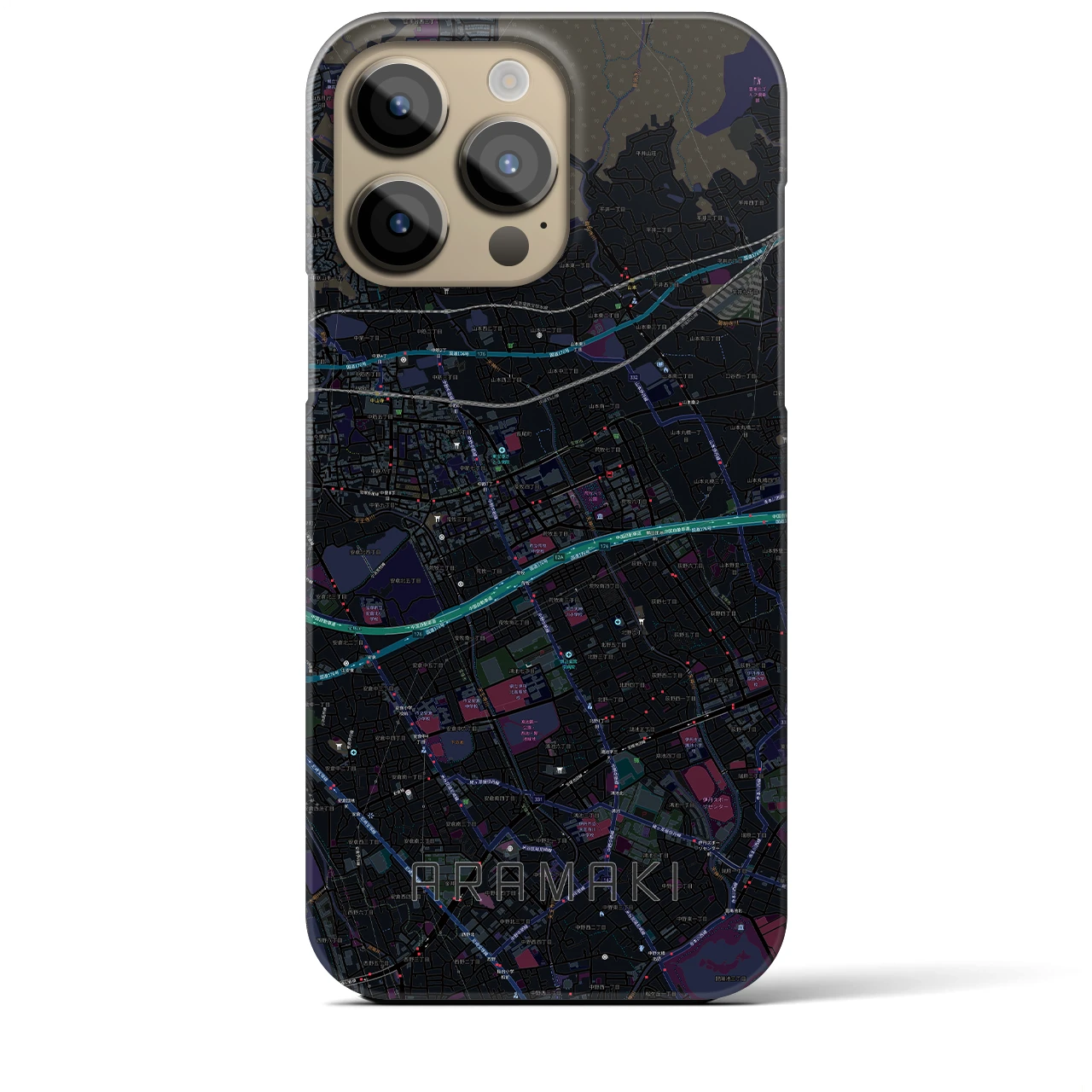 【荒牧】地図柄iPhoneケース（バックカバータイプ・ブラック）iPhone 14 Pro Max 用
