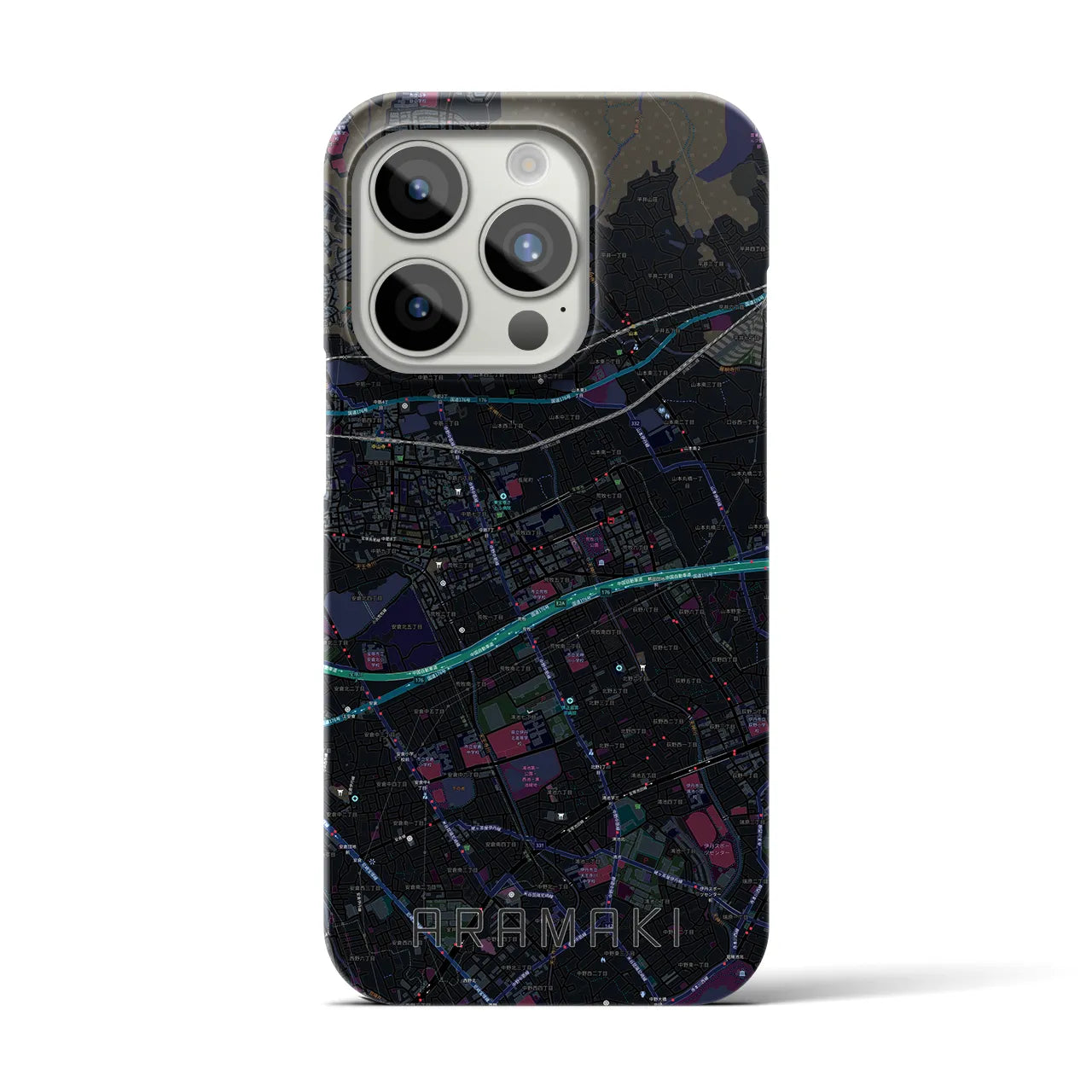 【荒牧】地図柄iPhoneケース（バックカバータイプ・ブラック）iPhone 15 Pro 用