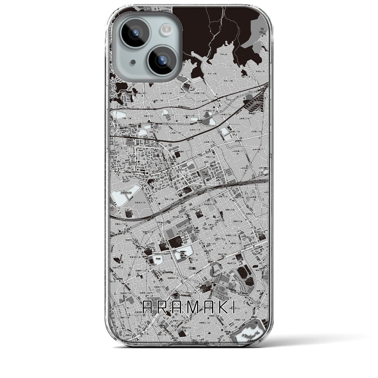 【荒牧】地図柄iPhoneケース（クリアタイプ・モノトーン）iPhone 15 Plus 用