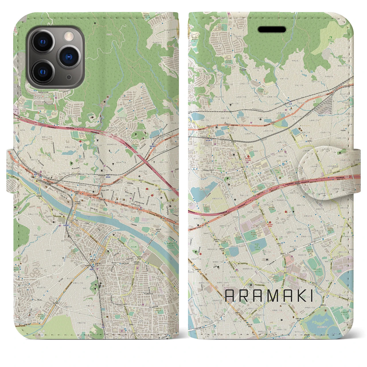 【荒牧】地図柄iPhoneケース（手帳両面タイプ・ナチュラル）iPhone 11 Pro Max 用