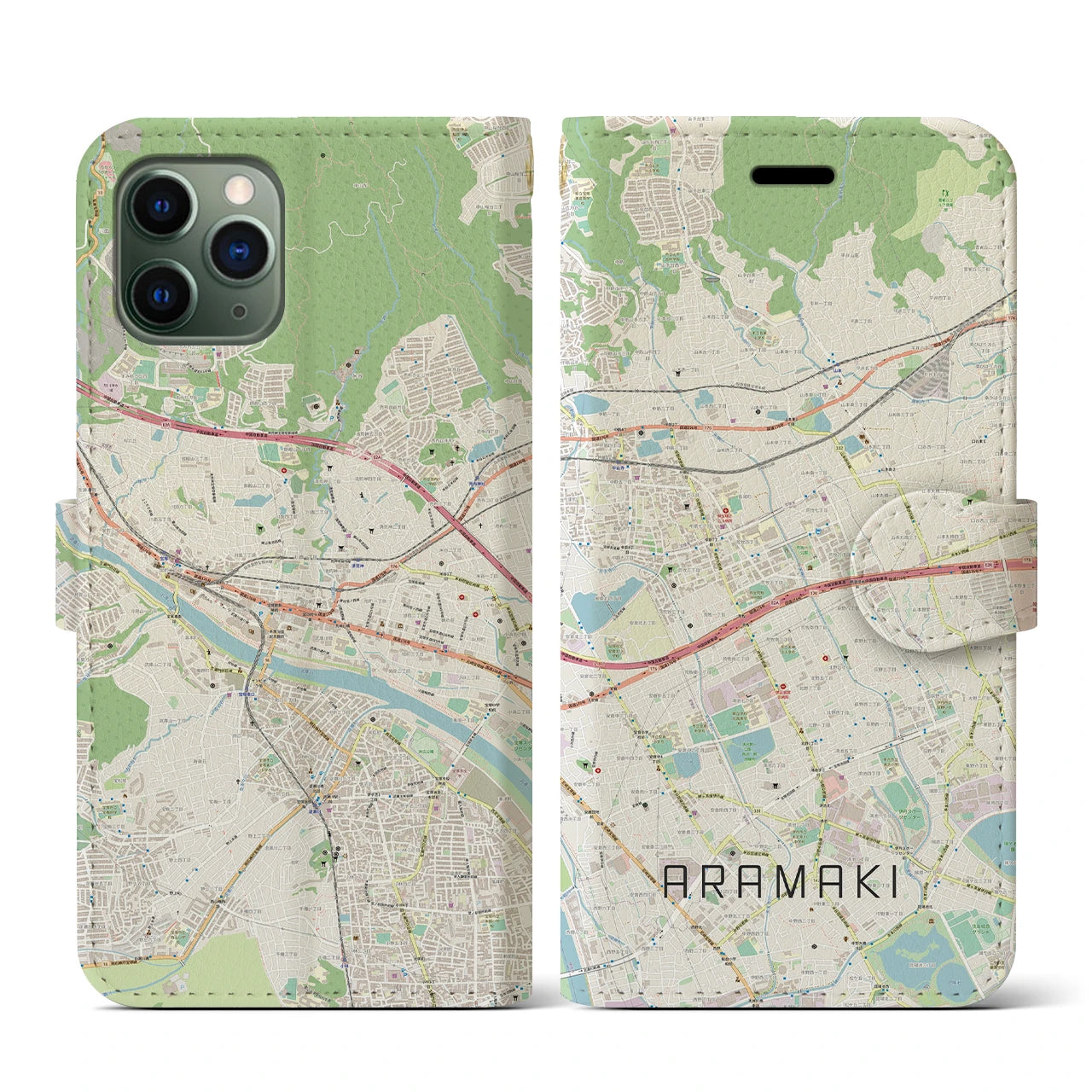 【荒牧】地図柄iPhoneケース（手帳両面タイプ・ナチュラル）iPhone 11 Pro 用