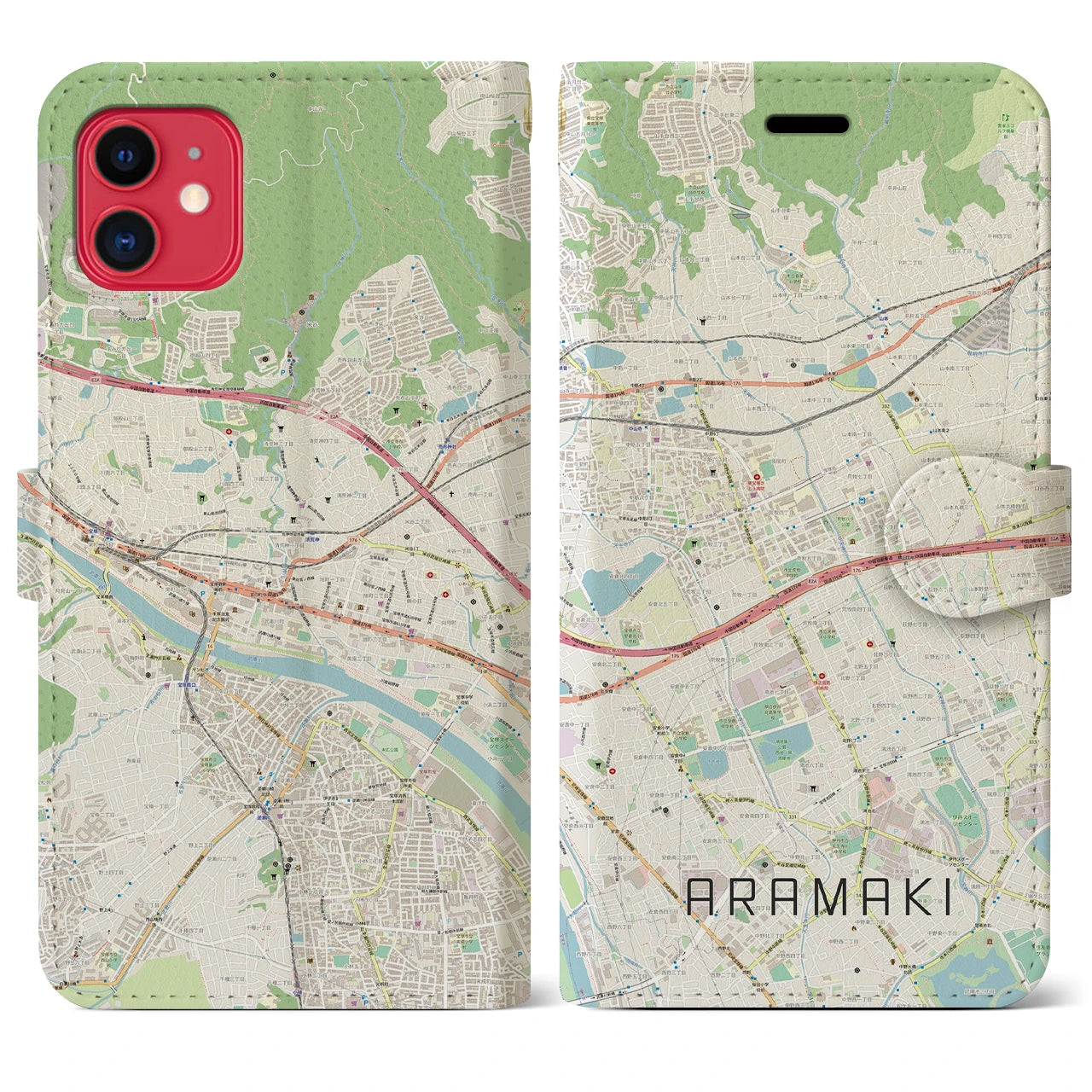 【荒牧】地図柄iPhoneケース（手帳両面タイプ・ナチュラル）iPhone 11 用