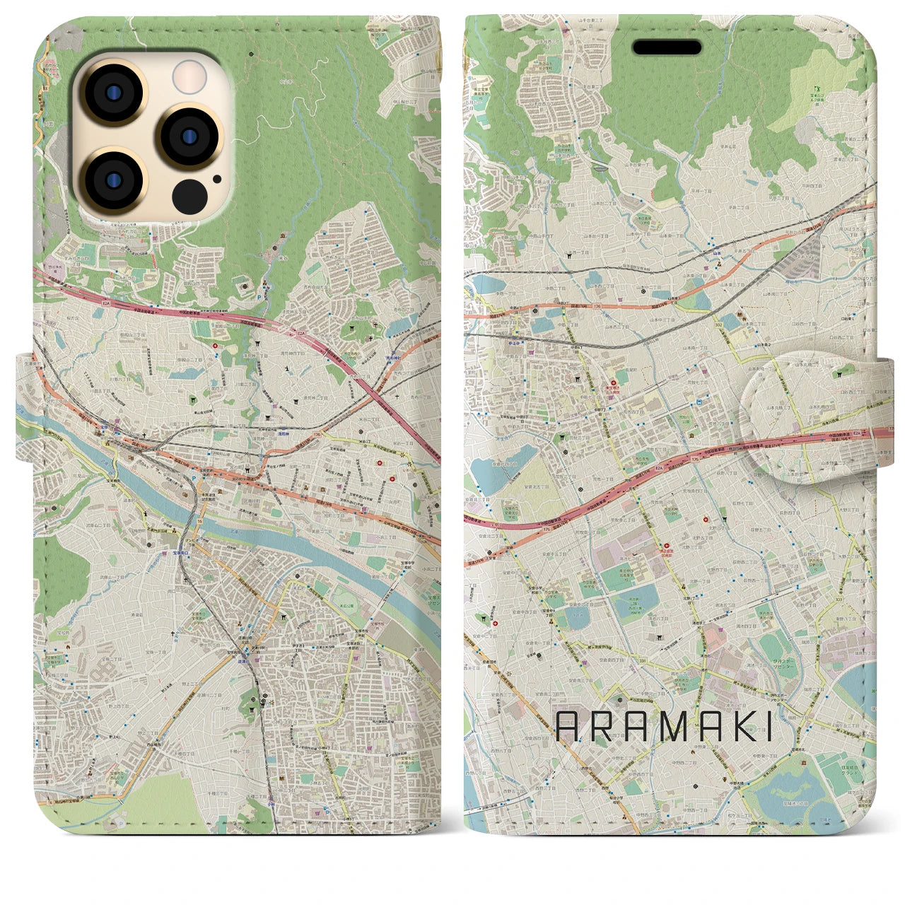 【荒牧】地図柄iPhoneケース（手帳両面タイプ・ナチュラル）iPhone 12 Pro Max 用