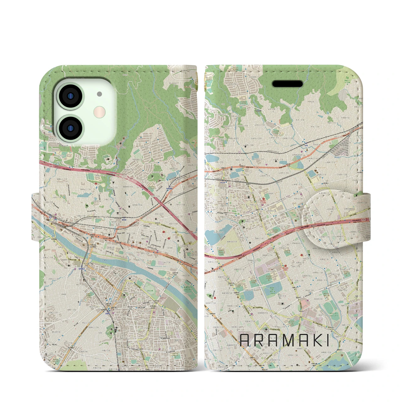 【荒牧】地図柄iPhoneケース（手帳両面タイプ・ナチュラル）iPhone 12 mini 用