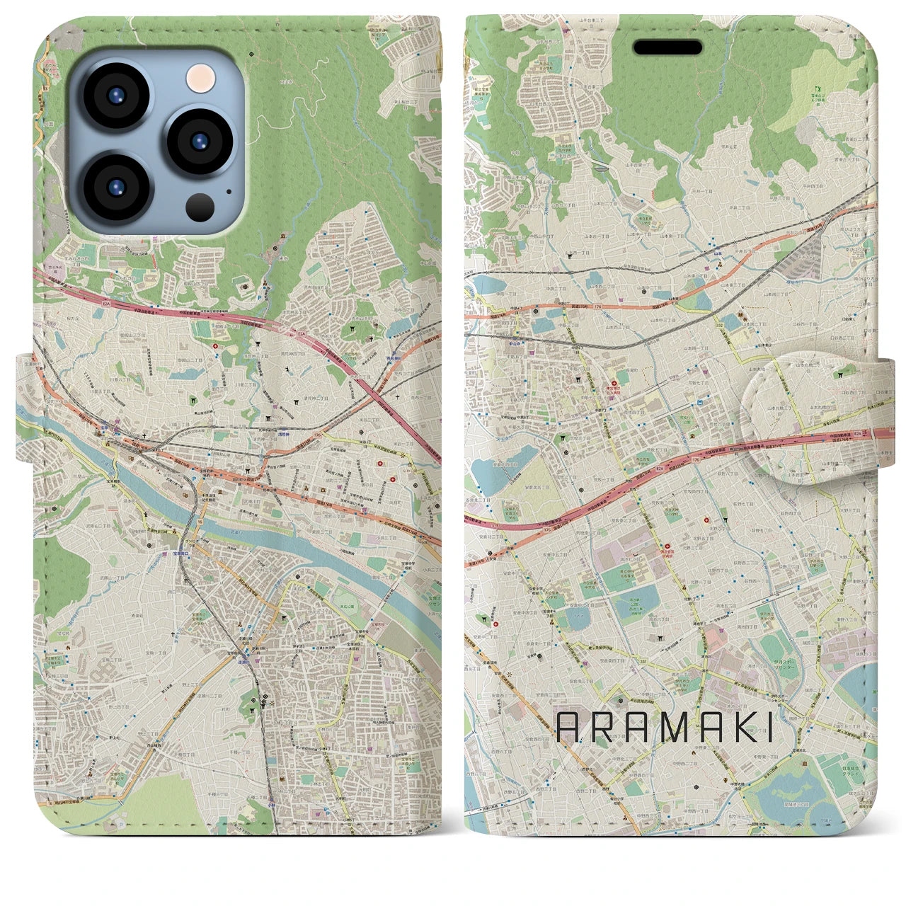 【荒牧】地図柄iPhoneケース（手帳両面タイプ・ナチュラル）iPhone 13 Pro Max 用