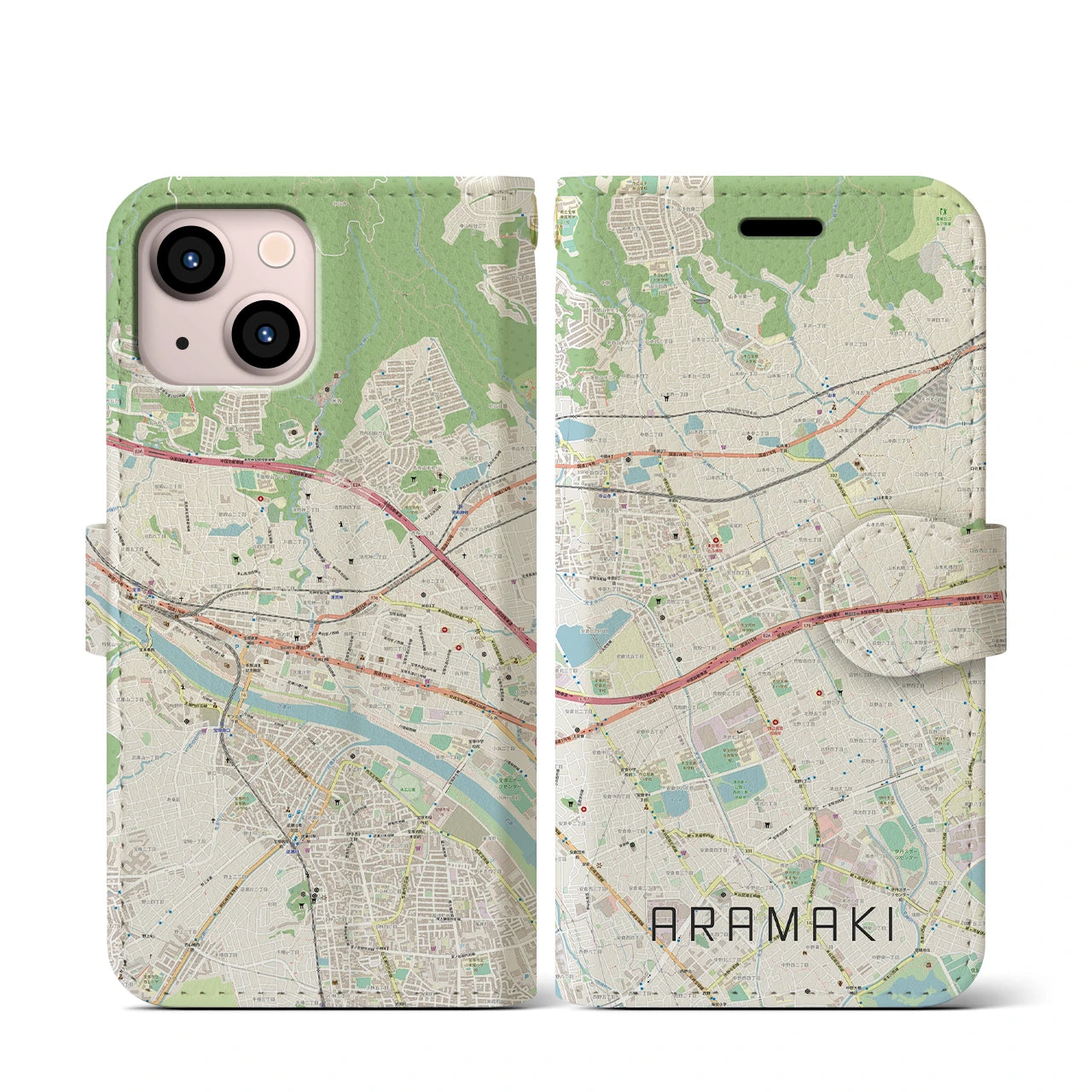 【荒牧】地図柄iPhoneケース（手帳両面タイプ・ナチュラル）iPhone 13 mini 用