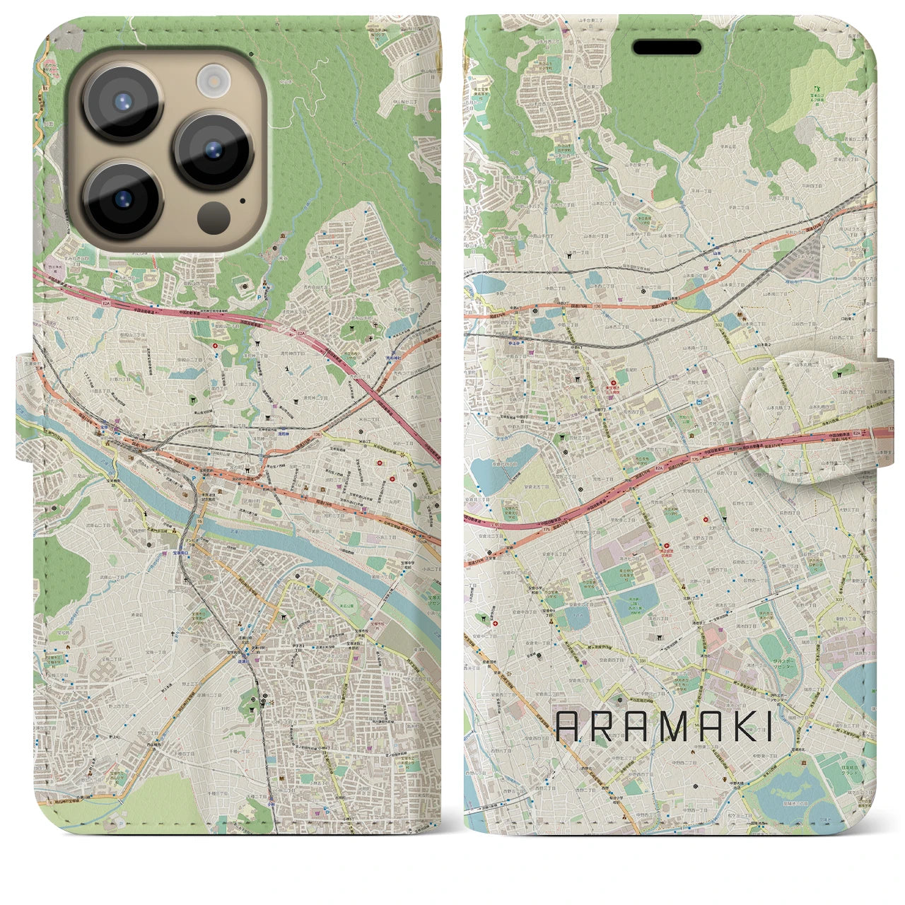 【荒牧】地図柄iPhoneケース（手帳両面タイプ・ナチュラル）iPhone 14 Pro Max 用