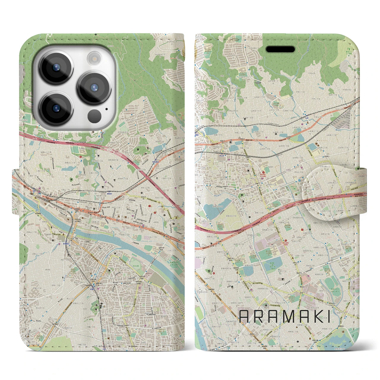 【荒牧】地図柄iPhoneケース（手帳両面タイプ・ナチュラル）iPhone 14 Pro 用